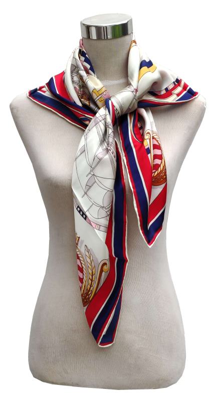 Foulard Shawl Silk Satin 90X90 Maritime Red White